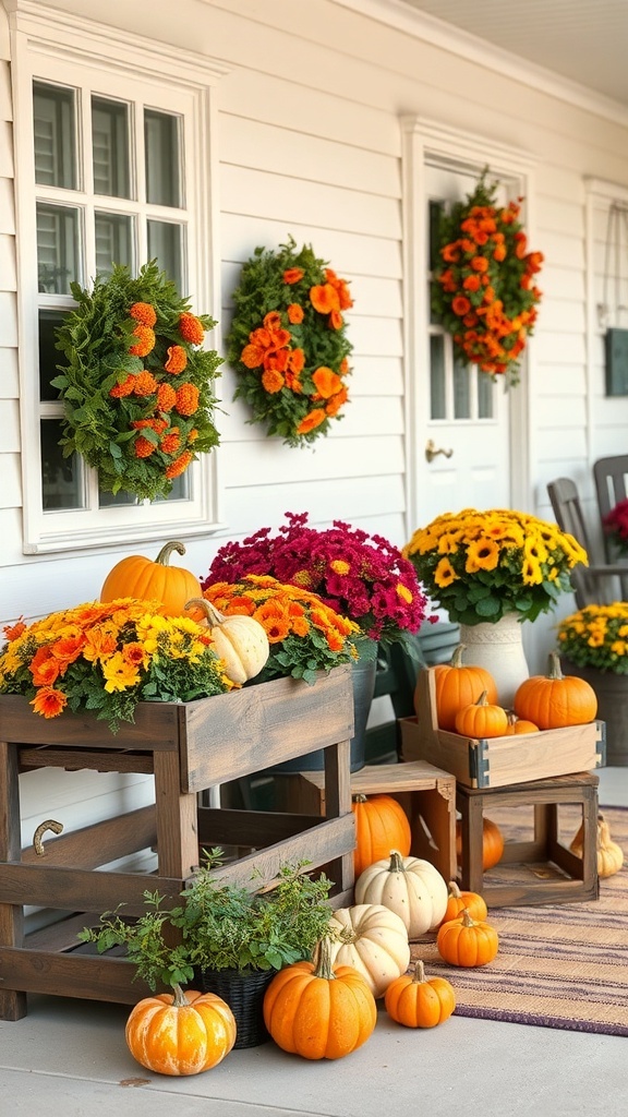 Wooden crates filled with colorful flowers and pumpkins on a porch