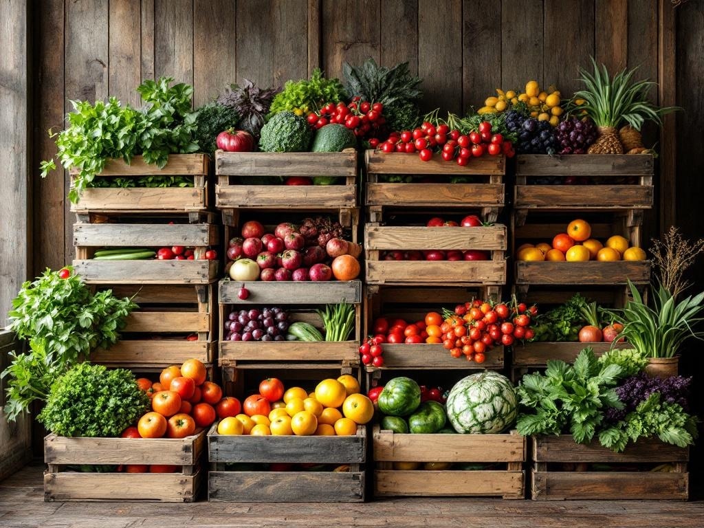 A display of wooden crates filled with various fruits and vegetables against a rustic wooden wall.