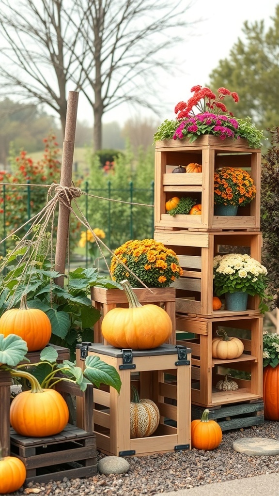Wooden crates stacked with pumpkins and flowers for fall decor