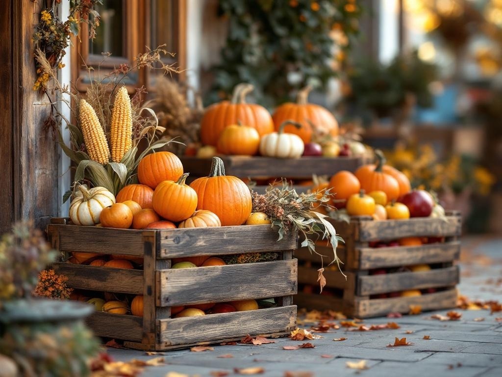 Wooden crates filled with pumpkins, gourds, and autumn decor on a porch