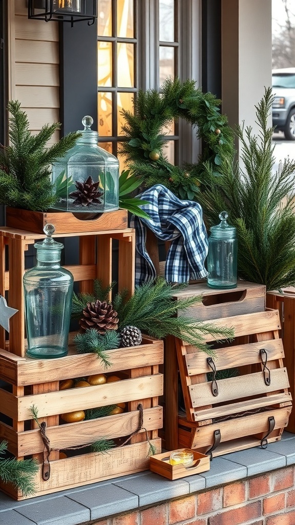Wooden crates filled with evergreen branches and berries on a front porch.