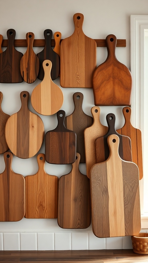 A collection of wooden cutting boards displayed on a wall.
