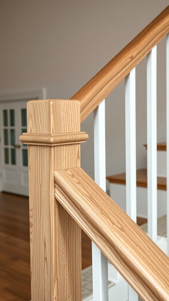 Close-up of a wooden handrail on a staircase, showcasing a modern farmhouse style.