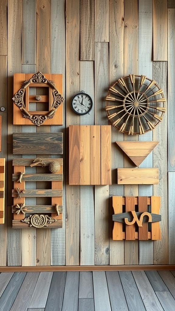 A collection of wooden pallet art pieces on a rustic wall.