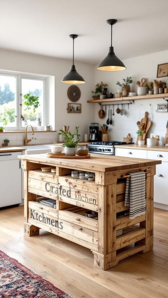 A wooden pallet kitchen island with open shelves and a natural wood finish.