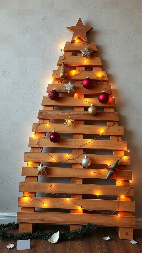 A wooden pallet tree decorated with lights and ornaments.