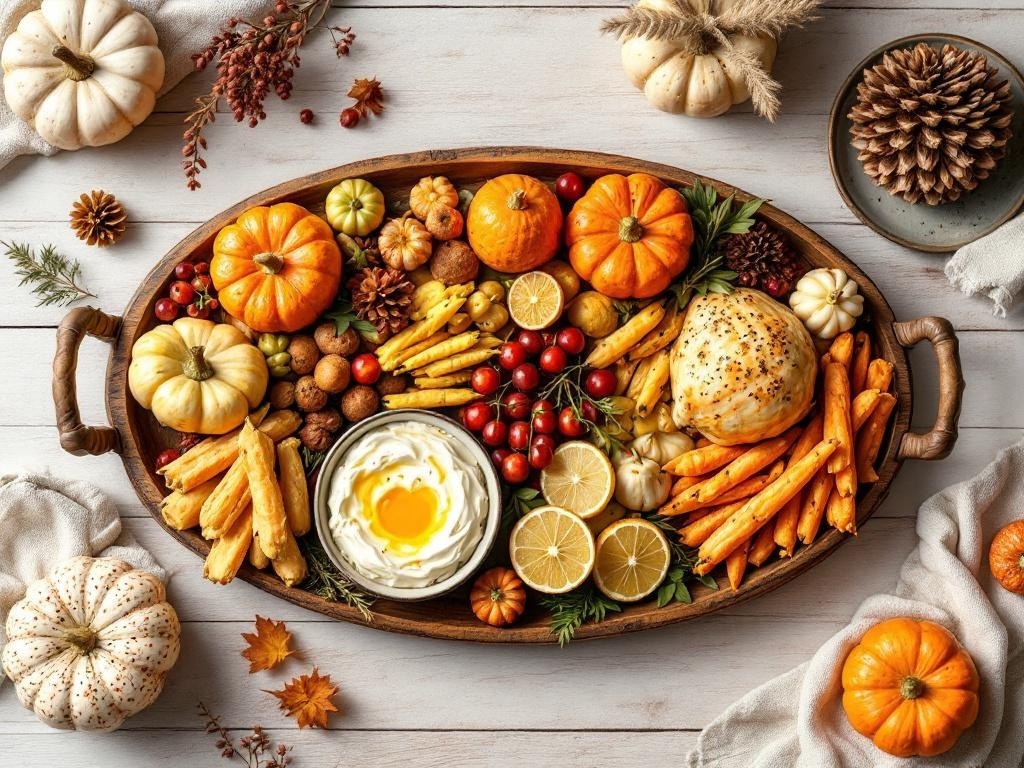 A wooden serving platter filled with pumpkins, vegetables, and dips, set on a rustic table.