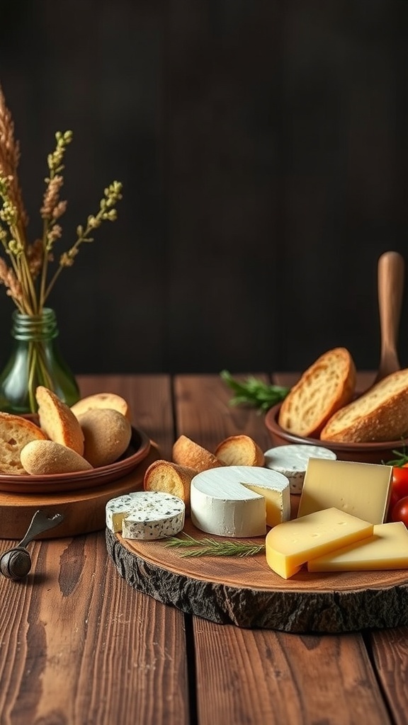 A rustic wooden serving tray with assorted cheeses, bread, and decorative elements.
