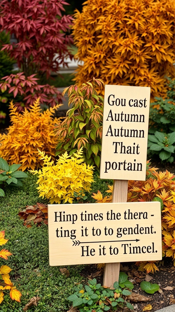Wooden signs with fall quotes surrounded by colorful autumn foliage