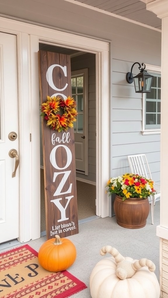 Wooden signs with fall quotes displayed on a porch, surrounded by autumn decorations.