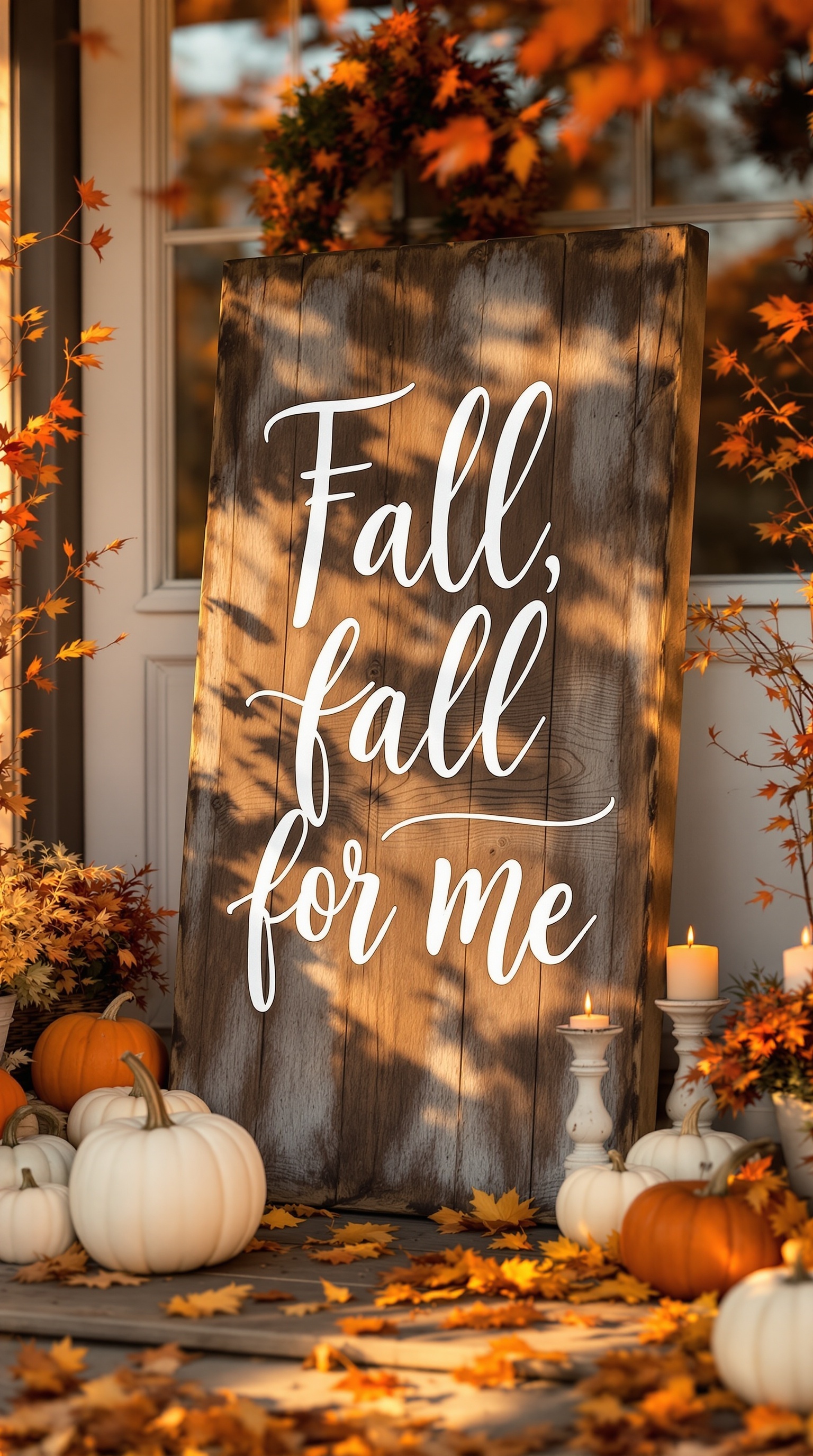 Wooden sign with fall quote on a porch, surrounded by autumn leaves.