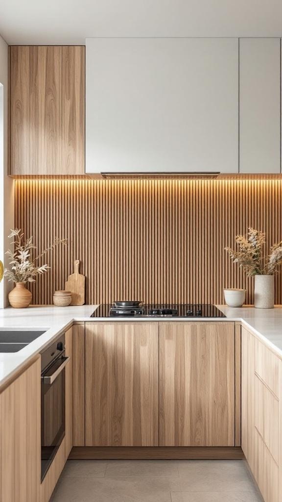 A modern kitchen featuring a wooden slat splashback with under-cabinet lighting.