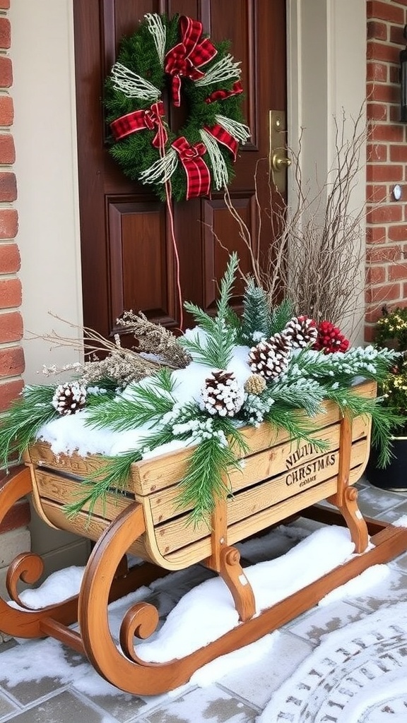 A wooden sleigh decorated with evergreen branches, pinecones, and faux snow, placed on a doorstep.