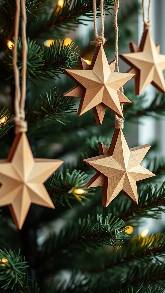 Wooden star ornaments hanging on a Christmas tree