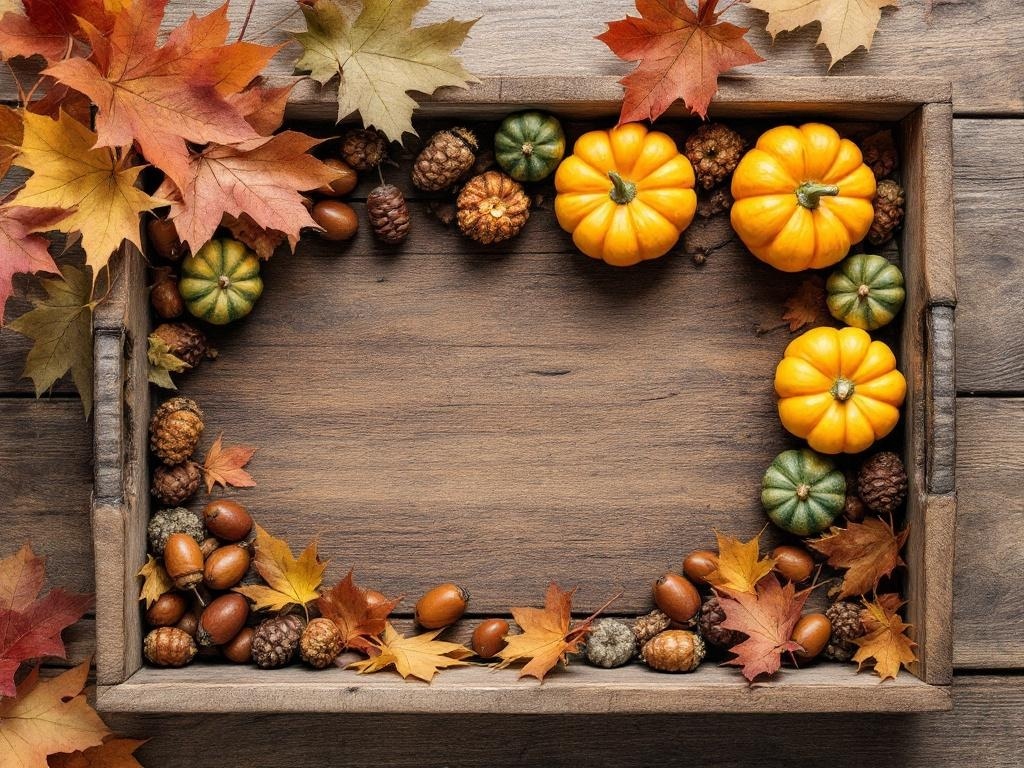 A wooden tray filled with small pumpkins, acorns, and autumn leaves.