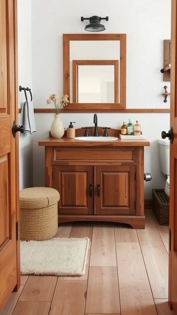 A rustic wooden vanity in a small bathroom with a mirror and decorative items.