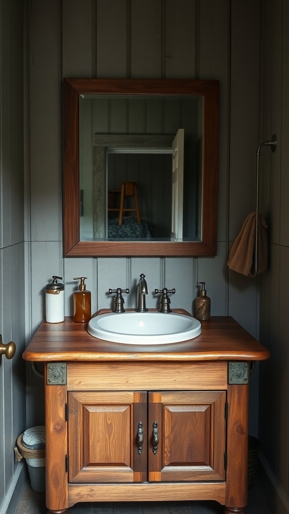 Wooden vanity with vintage fixtures in a rustic bathroom.