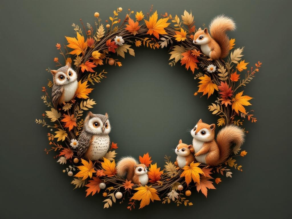 A Thanksgiving wreath featuring woodland creatures like owls and squirrels, surrounded by autumn leaves.