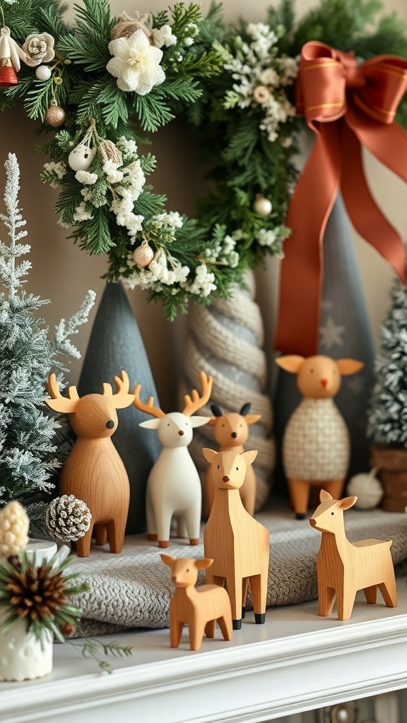 Woodland creature figurines displayed among winter decor