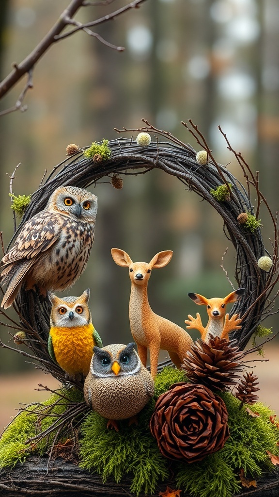 A winter wreath featuring woodland creatures like owls and deer, surrounded by pinecones and greenery.