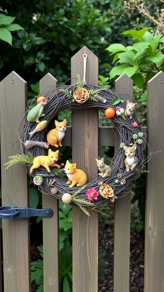 A wreath adorned with woodland creatures including foxes and birds, set against a wooden fence.