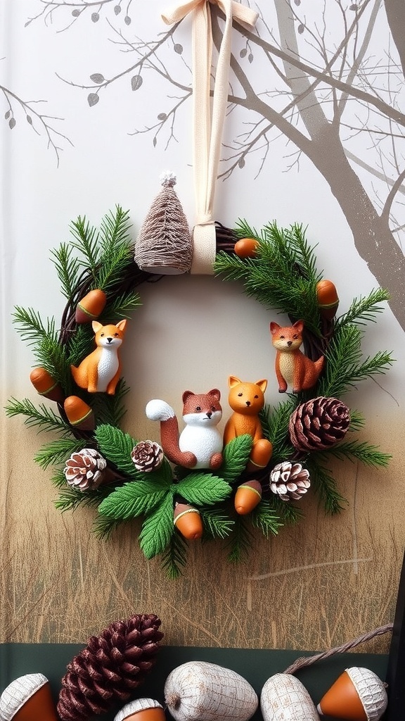 A woodland creature wreath with fox and mouse figurines, pinecones, and acorns.