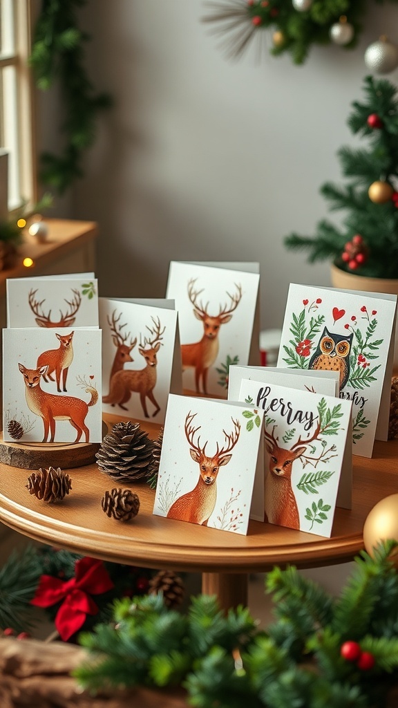 A collection of woodsy themed Christmas cards featuring animals and trees.