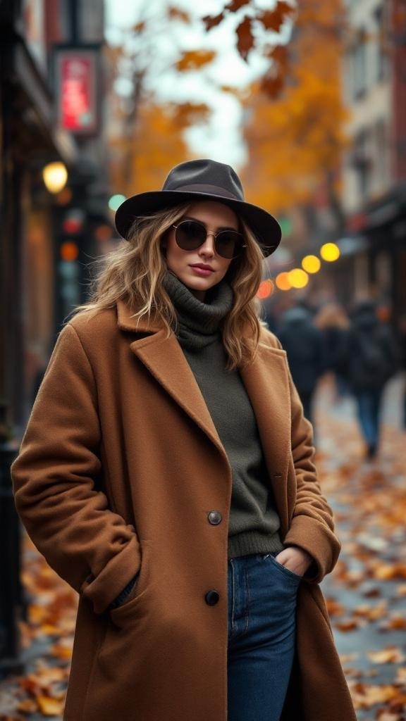 A woman in a wool coat, turtleneck sweater, and jeans, standing in a fall setting with leaves on the ground.