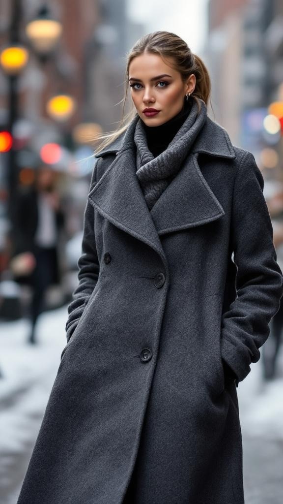 A woman in a stylish wool coat walking in a winter city setting.