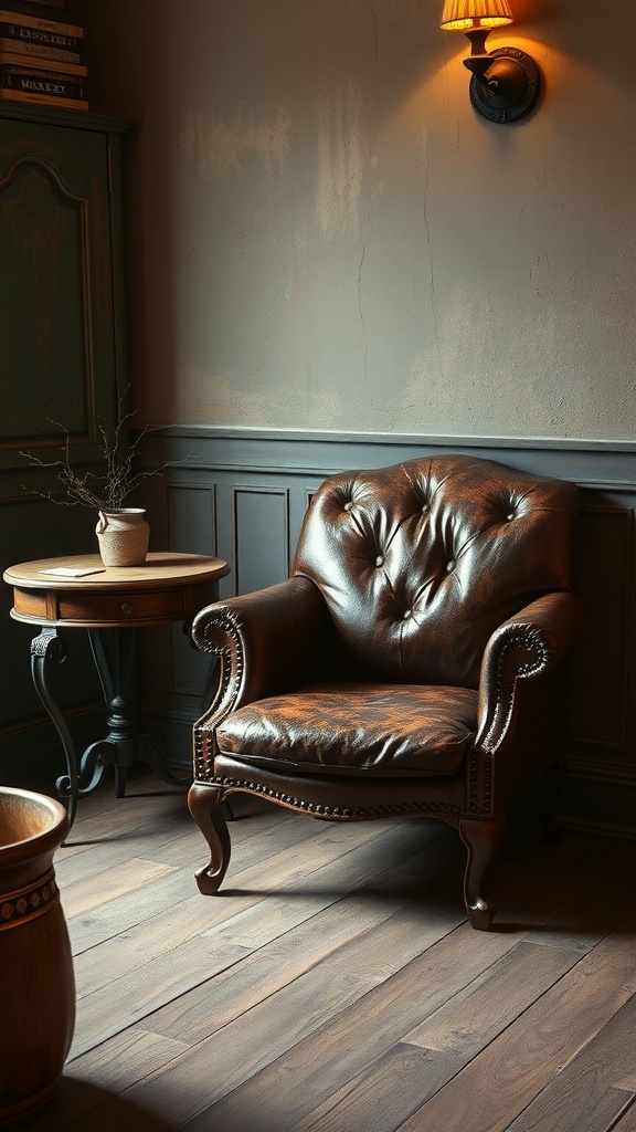 A cozy brown leather chair in a rustic farmhouse setting.