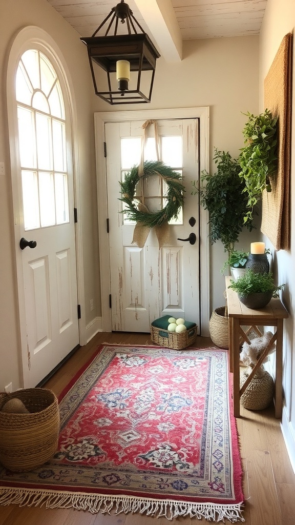 A rustic entryway featuring a vintage rug, wooden door, and potted plants.