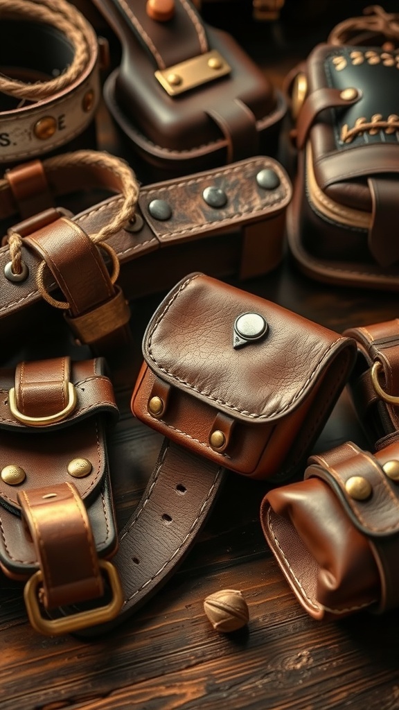 A collection of worn leather accessories including straps and pouches on a wooden surface.