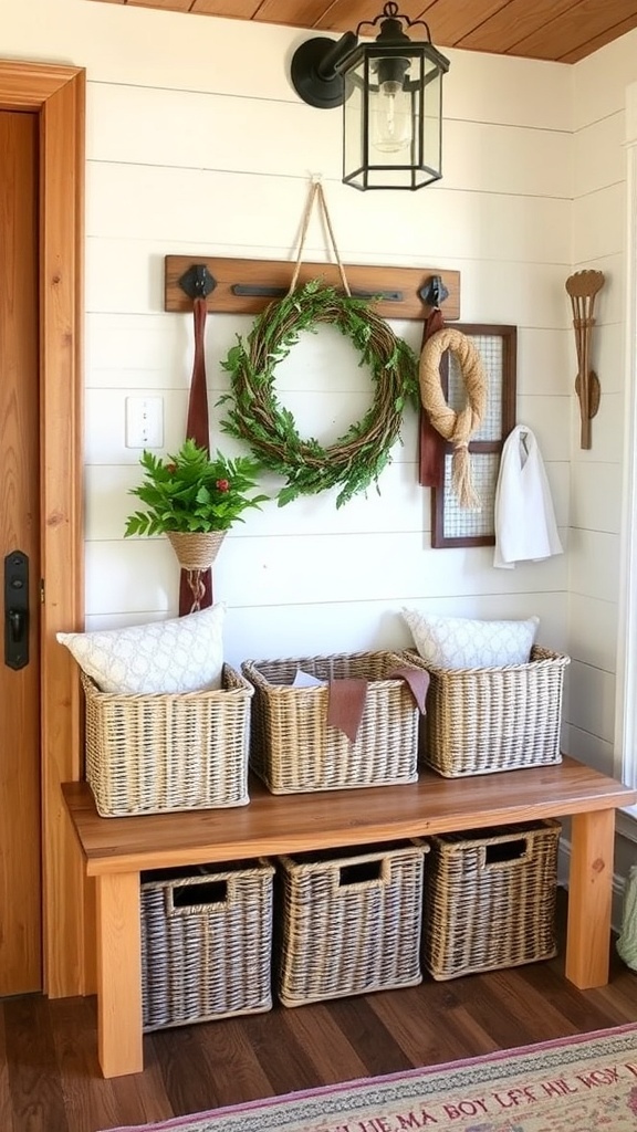 A cozy corner with woven baskets and rustic decor.