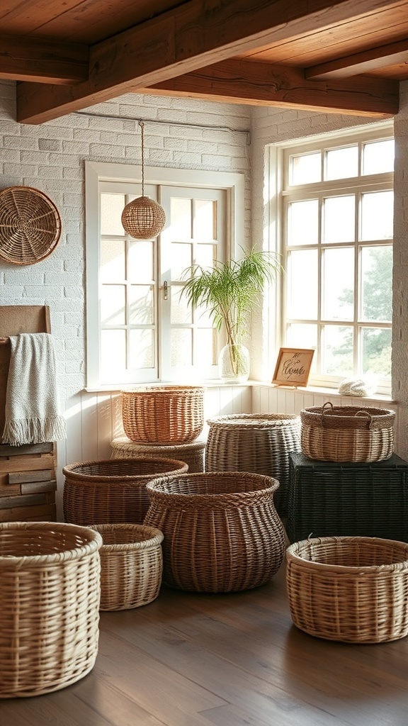 A collection of woven baskets in a bright room with large windows.