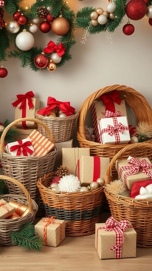 A collection of woven baskets filled with Christmas gifts and decorations.
