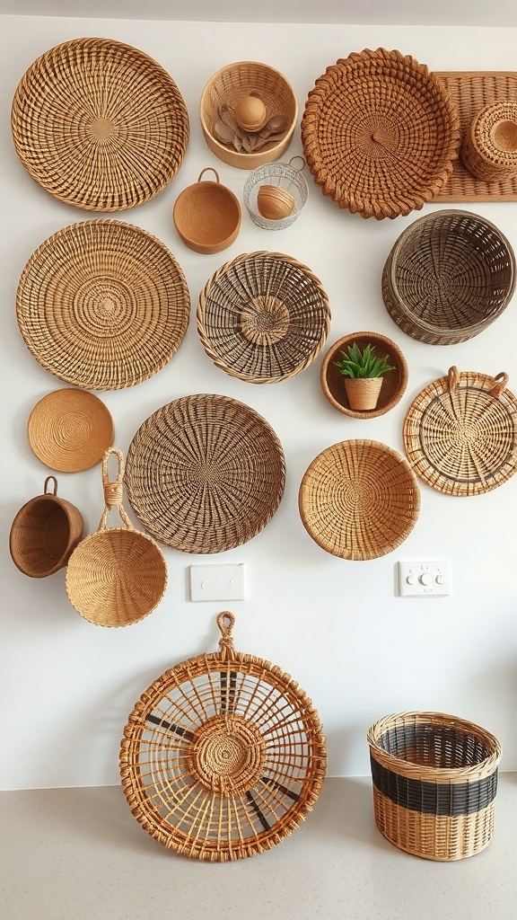 A collection of woven baskets displayed on a kitchen wall.