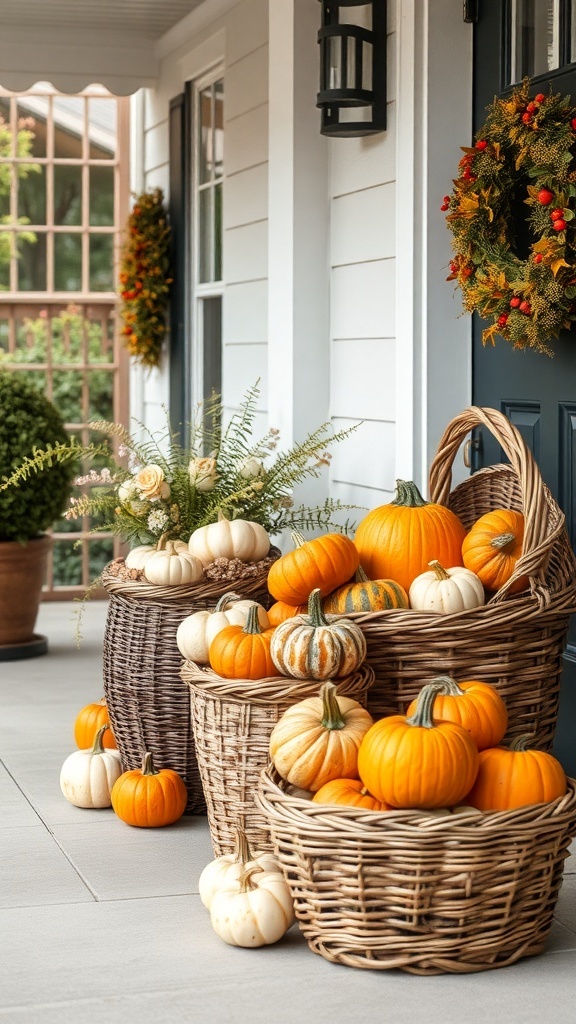Woven baskets filled with various gourds on a porch