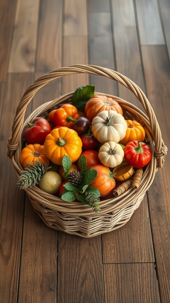 A woven basket filled with colorful fruits and vegetables, surrounded by autumn leaves on a wooden floor.