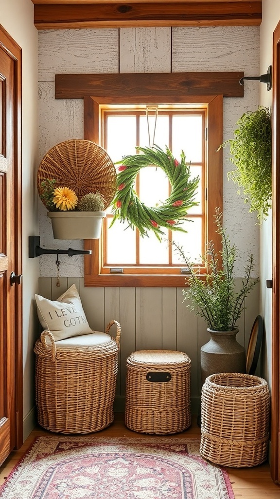 A cozy hallway featuring woven baskets for storage and a welcoming door.