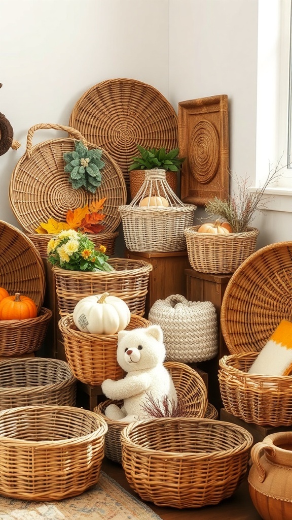A collection of woven baskets in various sizes and styles, decorated with pumpkins and autumn leaves.