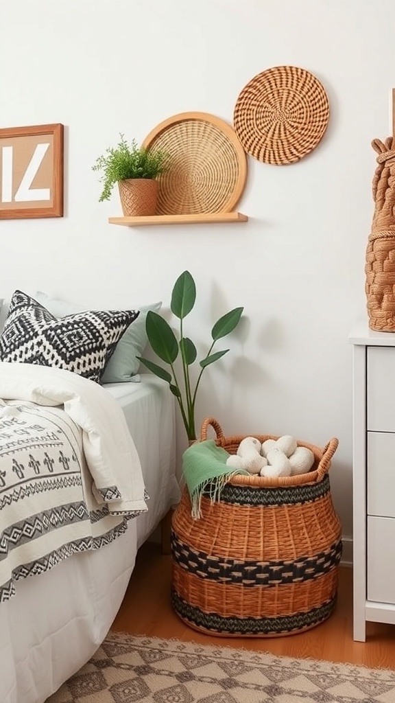 A cozy dorm room featuring a woven basket for storage, with a bed and decorative items.