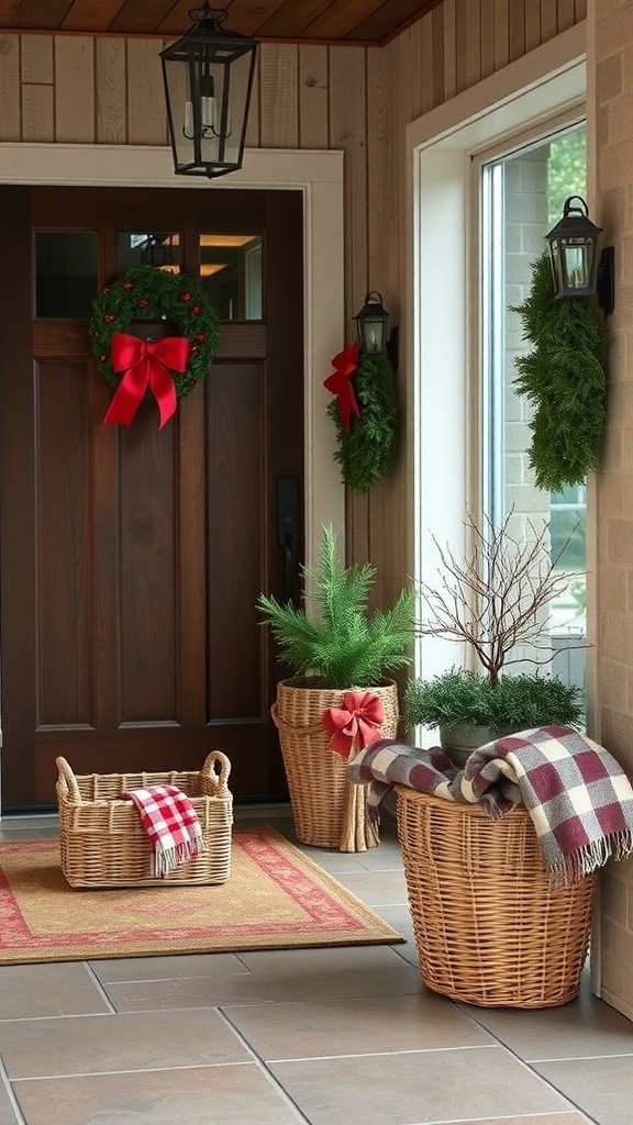 A welcoming entryway featuring woven baskets with blankets and greenery, adorned with Christmas decorations.