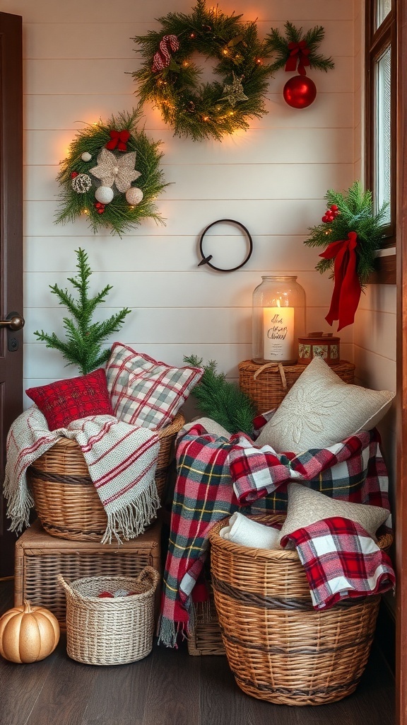 A cozy corner with woven baskets filled with blankets and pillows, decorated for Christmas.
