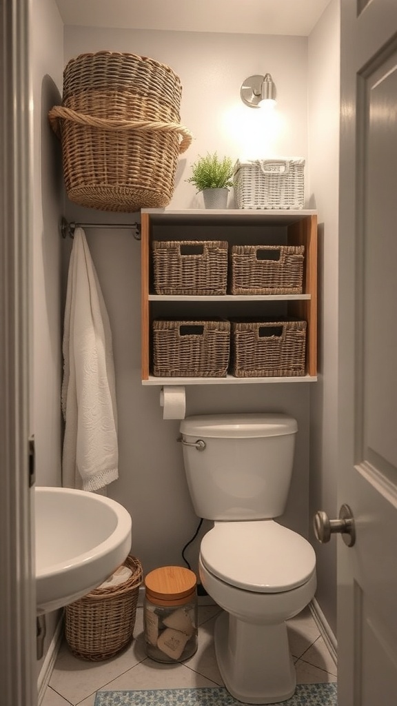 A small bathroom featuring woven baskets for storage on shelves and a towel rack.