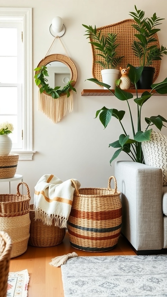 A cozy living room with woven baskets for storage, featuring plants and a soft blanket.