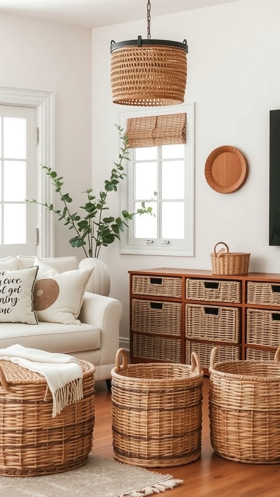 A cozy living room featuring woven baskets for storage, with a white couch and natural decor.