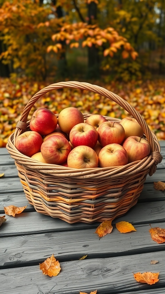 A woven basket filled with apples on a wooden surface surrounded by autumn leaves.