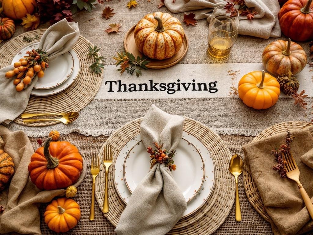 A rustic Thanksgiving table setting featuring woven textiles, pumpkins, and elegant tableware.