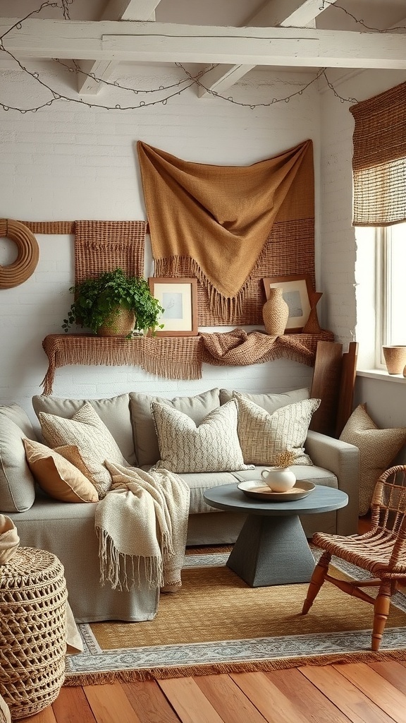 Cozy living room with woven textiles and rustic decor