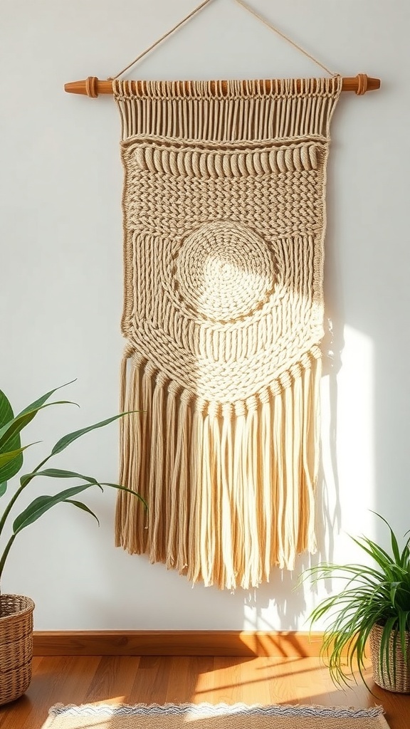 A woven wall hanging made of natural fibers, featuring a circular design and fringes, displayed against a light wall.